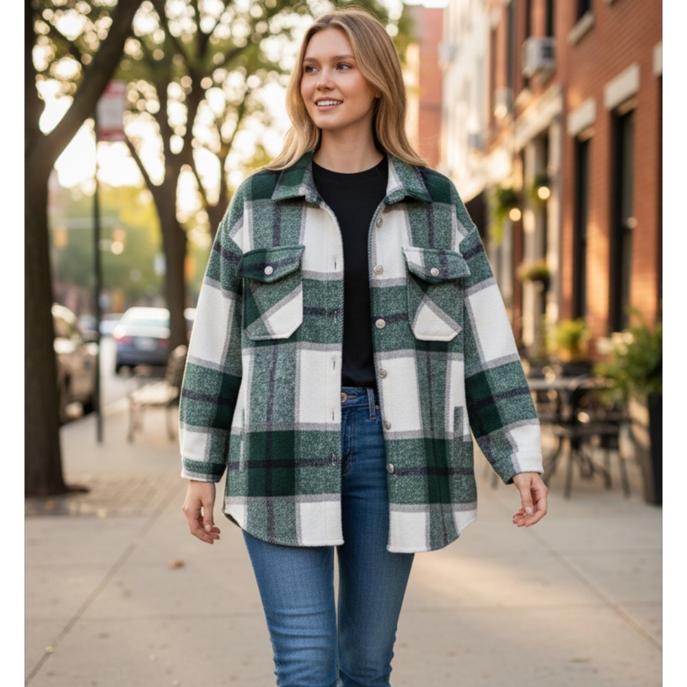 Stay stylish and warm with this green plaid women's jacket. Perfect for layering